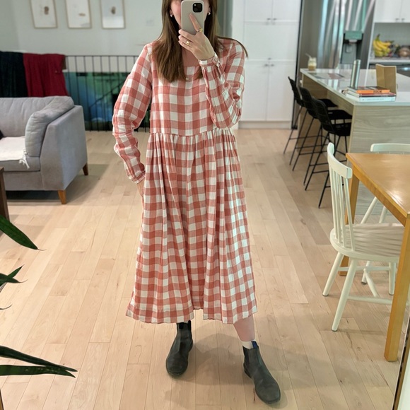 Son de Flor Dresses & Skirts - Son de Flor Maxi Smock Linen Dress Long Sleeve Coral Check Print Gingham Size S